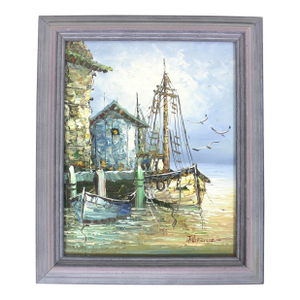 Signed Vintage Oil Painting, Marina Sailboats, Mid-Century Nautical Art