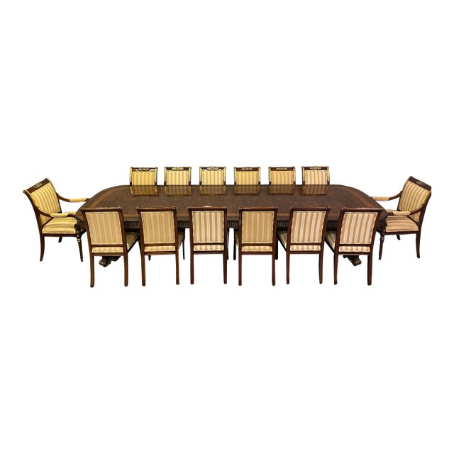 1990s Ej Victor Regency Mahogany Chippendale Dining Room Table and Set of 14 Chairs With by Gold Leaf Accents For Sale