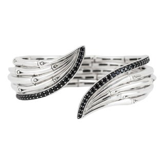 John Hardy Bamboo 925 Silver 1.40ctw Black Sapphires Flex Cuff Bangle Bracelet For Sale