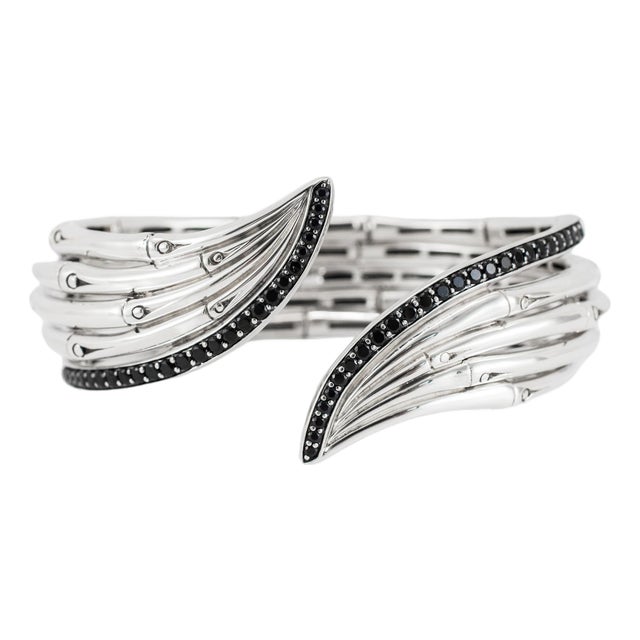 John Hardy Bamboo 925 Silver 1.40ctw Black Sapphires Flex Cuff Bangle Bracelet For Sale