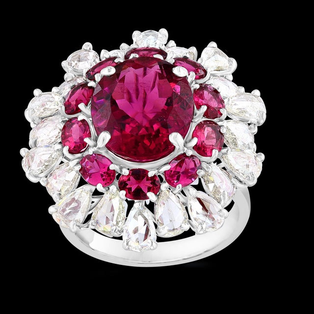 5 Carat Rubelite and 4.5 Carat Diamond 18 Karat White Gold Cocktail Ring Estate For Sale - Image 4 of 18