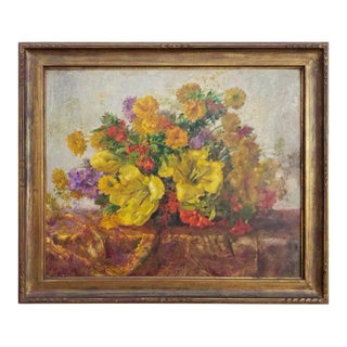 1940s Floral Still Life Oil Painting with Original Frame For Sale