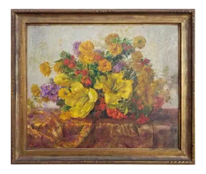 1940s Floral Still Life Oil Painting with Original Frame