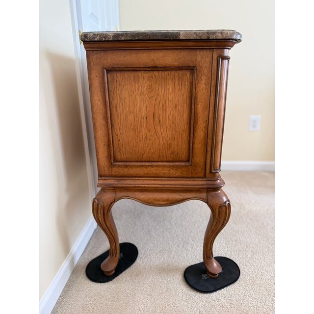 Pair of French Provincial Burl Wood Nightstands With Marble Tops – Bombe Chest Style For Sale - Image 11 of 13
