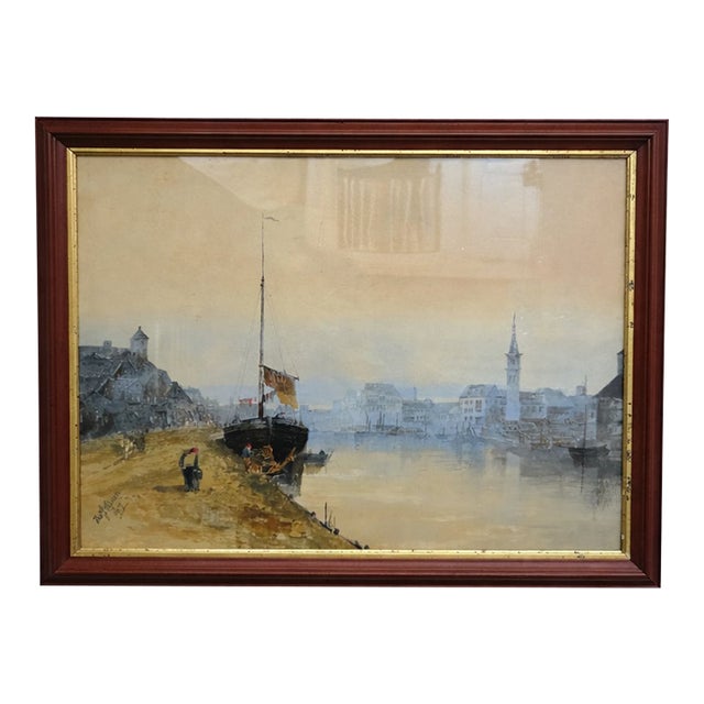 Antique 1917 Thomas J. Caparn (B..1834-1939) Watercolor on Paper Harbor Scene Painting For Sale