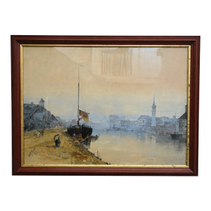 Antique 1917 Thomas J. Caparn (B..1834-1939) Watercolor on Paper Harbor Scene Painting