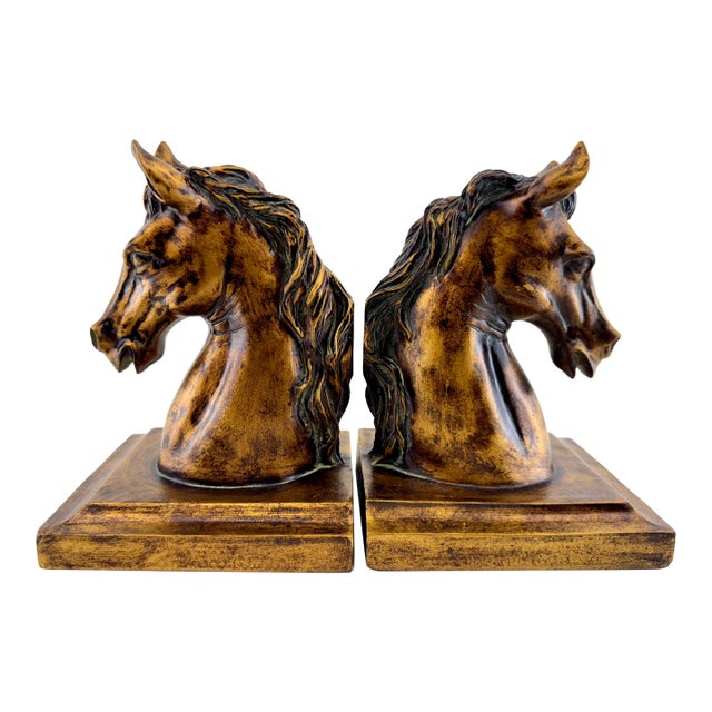 1960s Equestrian Horse Bust Bookends With Antiqued Bronze Finish, a Pair For Sale