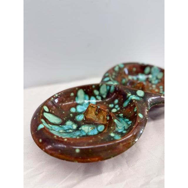 Vintage Mid-Century Brown & Aqua Double Bowl Ceramic Ashtray For Sale - Image 4 of 7