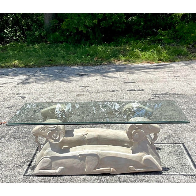 Late 20th Century Late 20th Century Vintage Boho Plaster Double Ram’s Head Coffee Table For Sale - Image 5 of 6