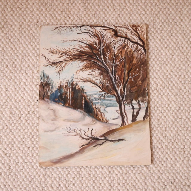 This 20th century French winter slopes painting captures a quiet snowy landscape with expressive linework and a softly...