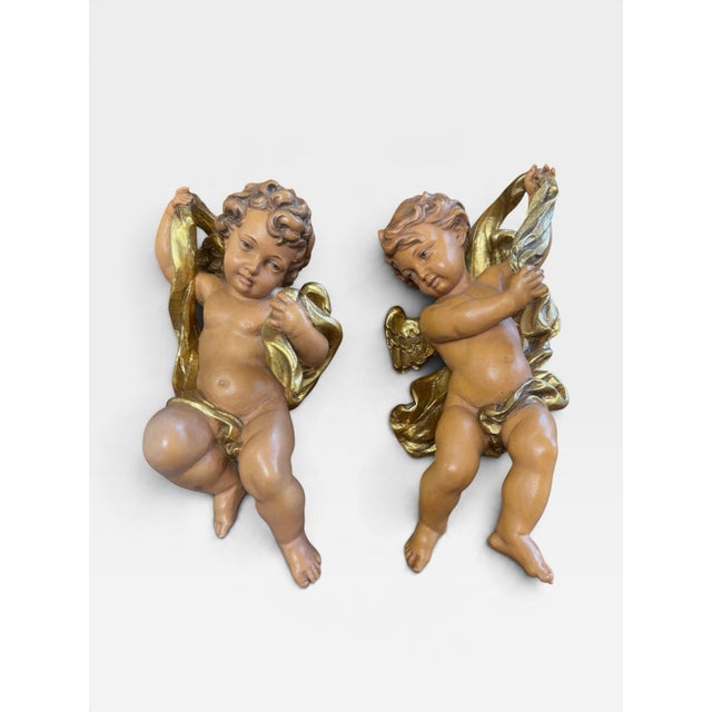 Matching Pair Vintage Osvaldo Moroder Val Gardena Wood Carved Cherubs Angels Putti 11" For Sale - Image 10 of 10