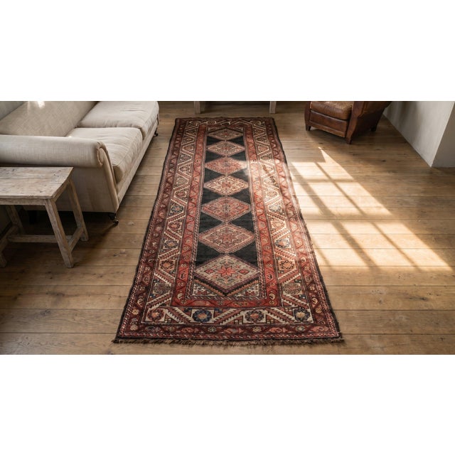 Black 1930s Black Diamond Tribal Antique Persian Kurdish Rug 3'5" X 10'8" Handknotted Wool Carpet For Sale - Image 8 of 9
