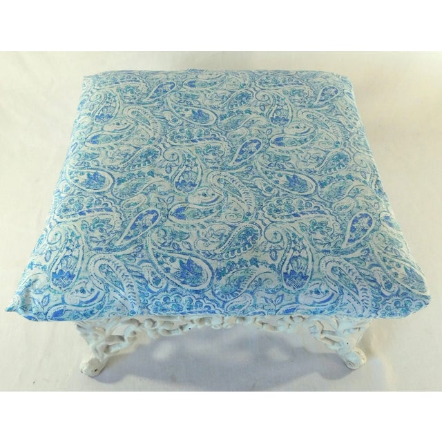 Vintage Mid Century Cast Iron Roses Blue & White Upholstered Footstool For Sale - Image 4 of 8