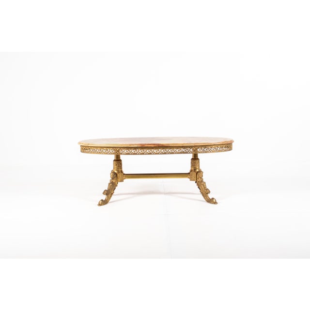Vintage Hollywood Regency Oval Onyx Coffee Table with Gilt Brass Base, France, 1960s For Sale - Image 9 of 16