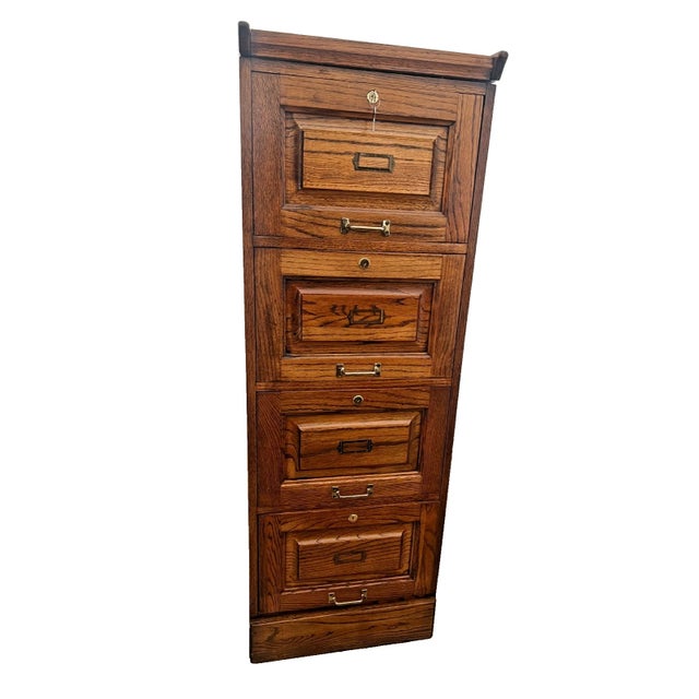 Gorgeous Vintage Tiger Oak File Cabinet with Four smooth sliding Locking Drawers with two keys, Paneled Sides Legal Size,...