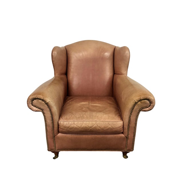 Baker Furniture Company Vintage Baker Milling Road Leather Wingback Chair & Ottoman With Nailheads and Casters For Sale - Image 4 of 12