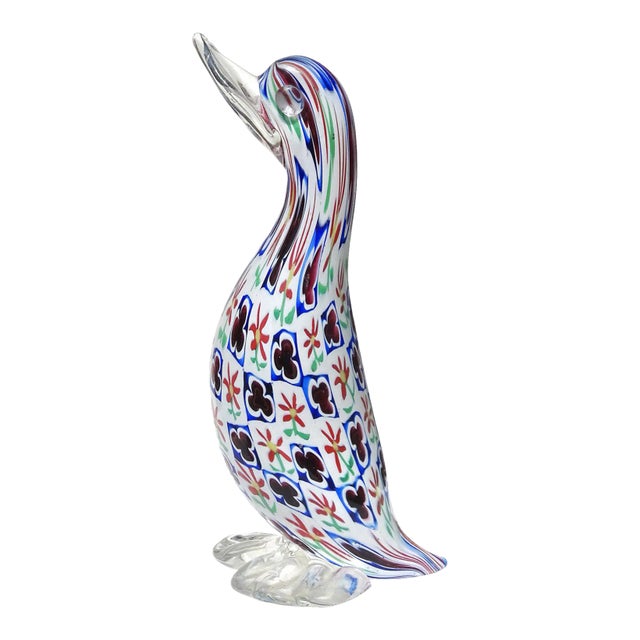 Fratelli Toso Murano Vintage Millefiori Daisy Clover Flower Mosaic Italian Art Glass Duck Figurine Sculpture For Sale