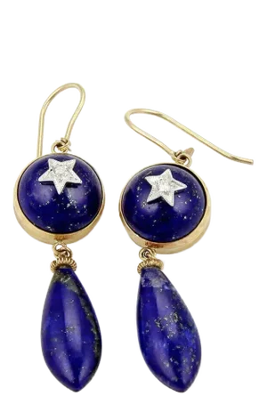 Diamond Star & Lapis 9k Two Tone Gold Drop Dangle Earrings - 2 Pieces