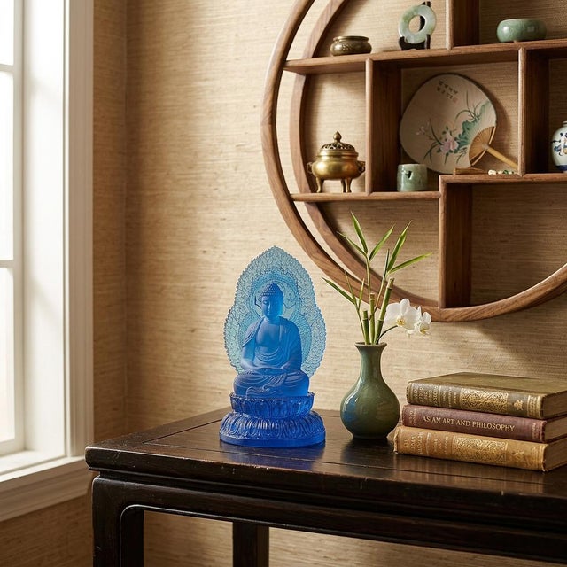 1990s Blue Crystal Glass Sitting Buddha Lotus Base Mandorla Halo Back Statue For Sale - Image 5 of 10