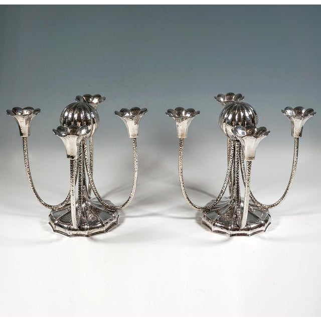 Viennese Art Deco 4-Light Silver Candelabras with Martelé Decor, 1930, Set of 2 For Sale - Image 4 of 13