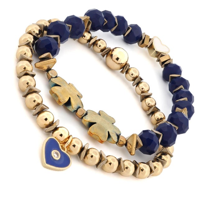 Deep Love Blue Crystal & Heart Charm Gold Bracelet Set For Sale - Image 4 of 8