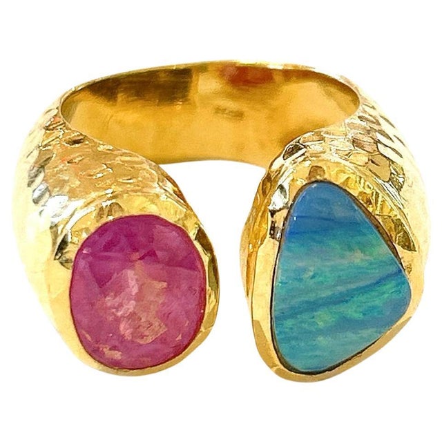 Bochic "Orient" Ruby & Blue Opal Vintage 2 Gem Ring Set 18K & Silver For Sale - Image 15 of 18