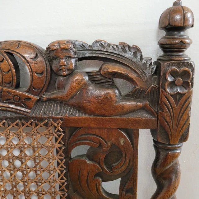 English Carved Walnut Barley Twist Throne Chair With Putti & Cane Back For Sale - Image 9 of 13