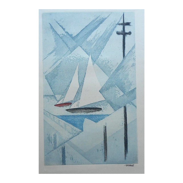 Vintage Mid 20th C. Elephant Folio Size Pencil Signed Ltd. Ed. Abstract Sailboats Etching For Sale - Image 4 of 5