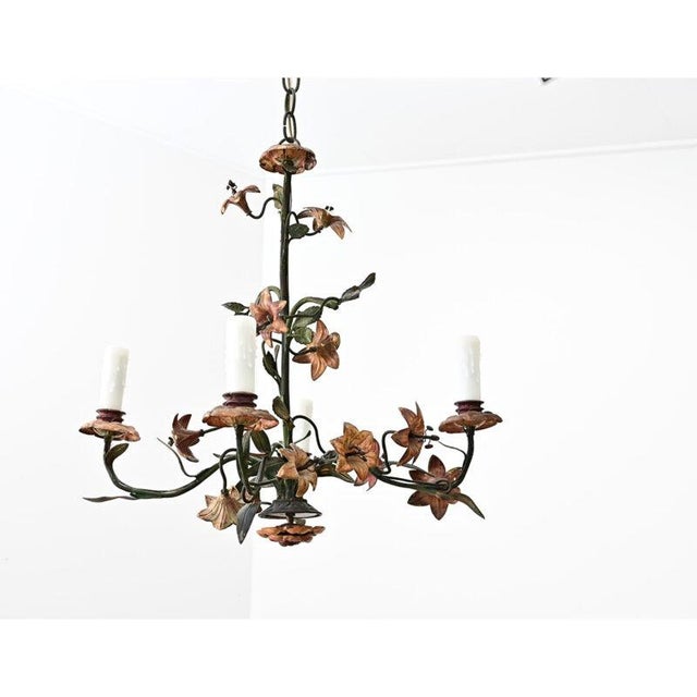 French Vintage Tôle Painted Floral Chandelier For Sale - Image 9 of 13