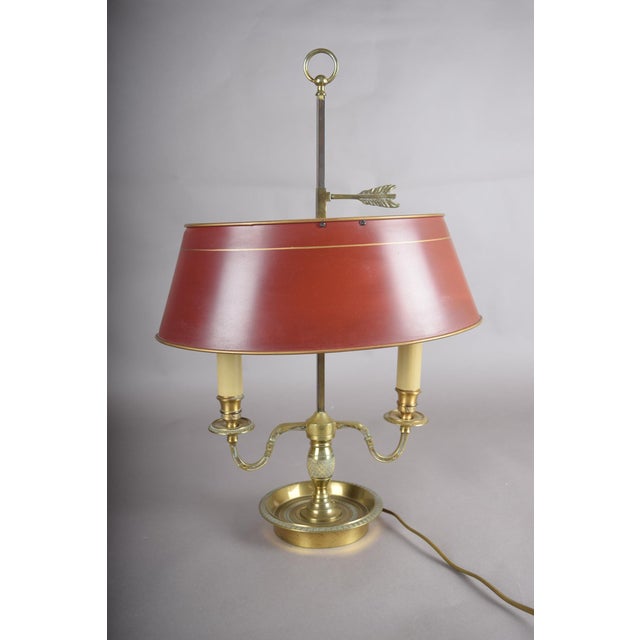 French Bouillotte Two-Light Table Lamp in Brass with Red Tôle Shade, 1930s For Sale - Image 11 of 13
