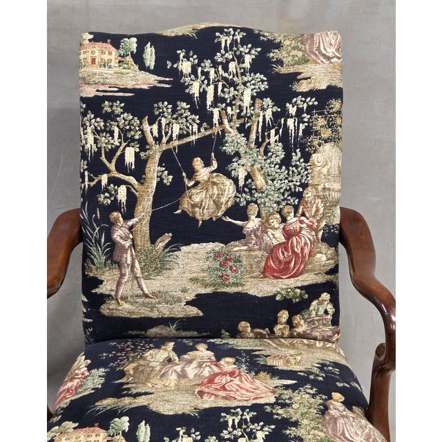 Pair of Vintage Queen Anne Chairs and Ottoman With Black Toile Upholstery For Sale In Denver - Image 6 of 17