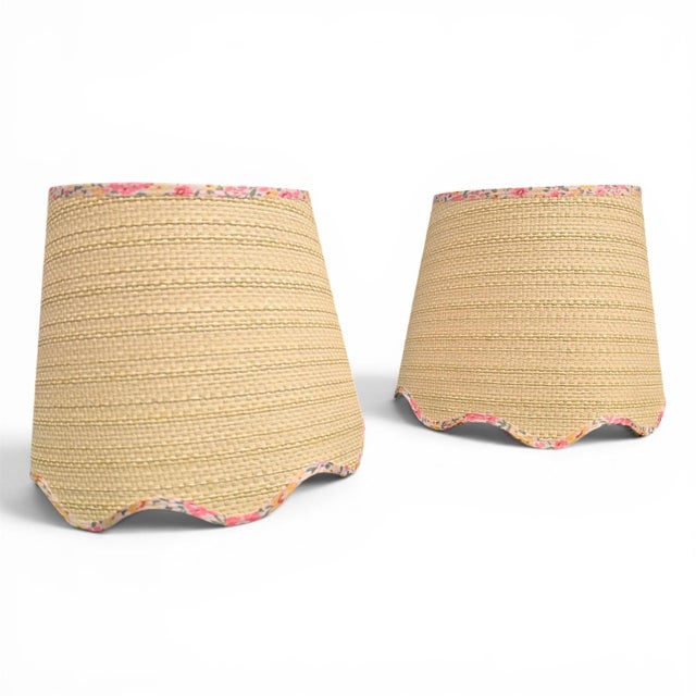 A Pair of Scalloped Raffia Lampshades with Pink Ditzy Floral Trim In the Style of Matilda Goad Both Lampshades have Uno...