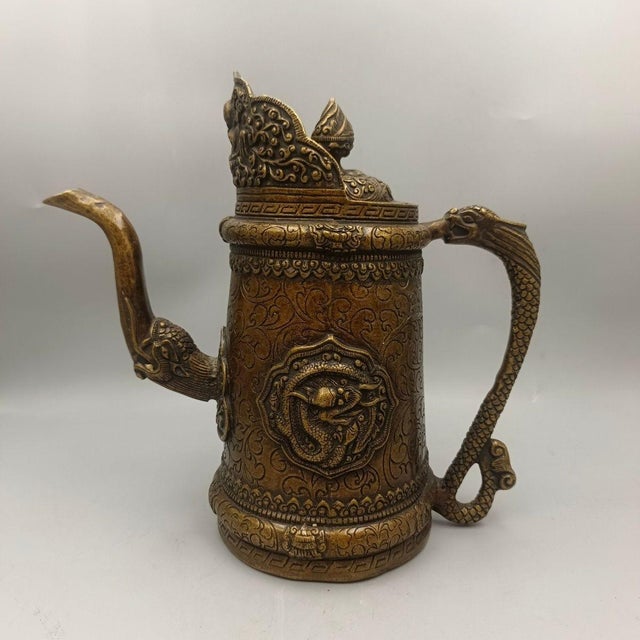 Vintage Embossed Brass Ewer With Dragon Handle & Mythical Motifs For Sale - Image 4 of 9