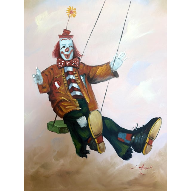 Figurative Late 20th Century Oil Painting Clown on Swing Signed L. Angeli Colorful Figurative Art Circus For Sale - Image 3 of 12