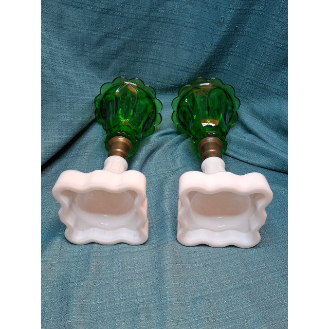 Antique Emerald Green Glass Whale Oil Lamps Milk Glass Base Eapg 13.5" - a Pair For Sale - Image 9 of 9