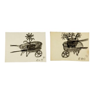 Ree Brown Outsider Artist Tiny Flower Paintings a Pair 1994 For Sale