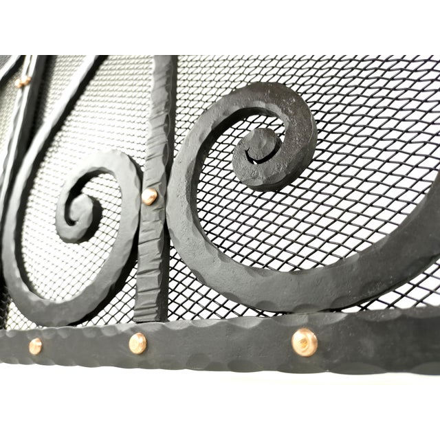 Mid-Century Modern Vintage French Art Deco Wrought Iron 3-Panel Fire Screen and Spark Guard, 1940s For Sale - Image 3 of 9