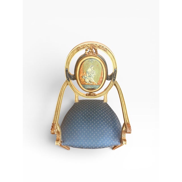 French Pair of Vintage Neoclassical Painted & Gilt Louis XVI Style Armchairs With Hand-Painted Medallion Backs For Sale - Image 3 of 15