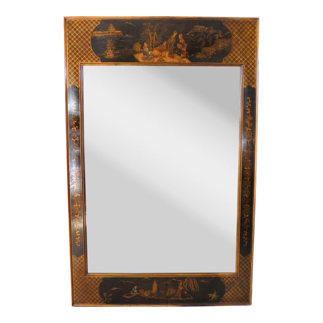 Vintage Mid-Century Chinoiserie 24k Gold Black Lacquered Wood Beveled Hanging Wall Mirror For Sale