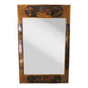 Vintage Mid-Century Chinoiserie 24k Gold Black Lacquered Wood Beveled Hanging Wall Mirror