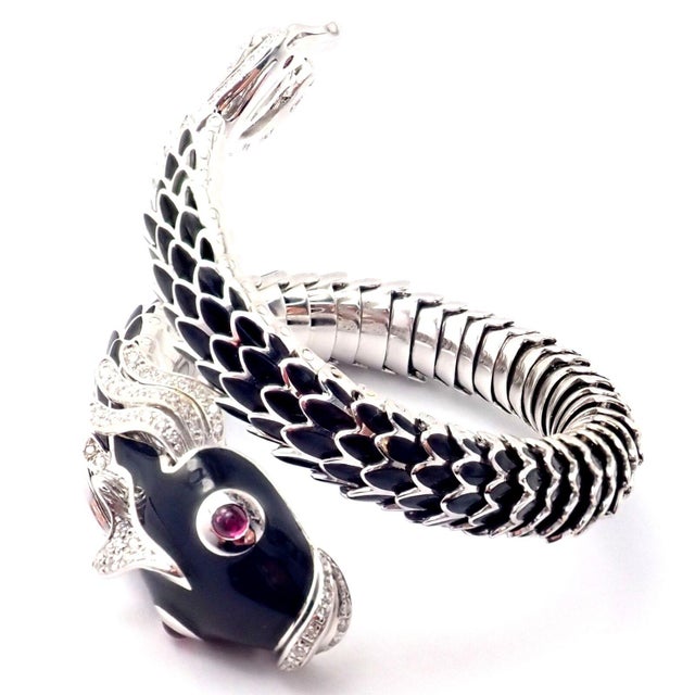 Roberto Coin Nemo 18k White Gold Diamond Ruby Enamel Cuff Bracelet For Sale - Image 9 of 12