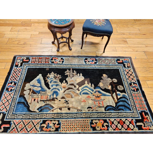 Antique Ningxia Pictorial Rug, Handwoven Wool Pile, Scenic Landscape, Navy & Tan, 4' x 7' For Sale - Image 14 of 14