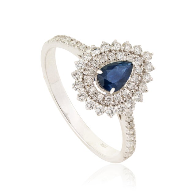 Blue Sapphire & Diamond Halo Vintage Engagement Ring in 18k White Gold Size 4 For Sale - Image 4 of 16