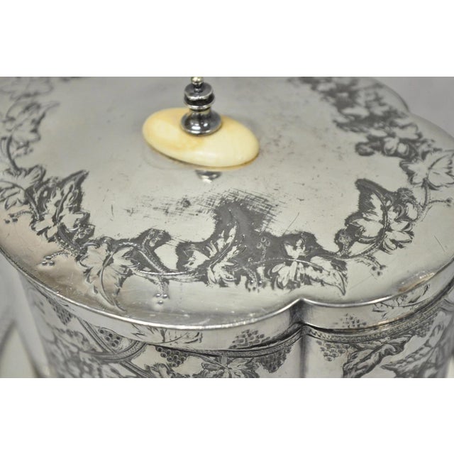 Silver Antique Victorian Silver Plated Etched Footed Hinged Biscuit Barrel Jar on Stand For Sale - Image 8 of 18