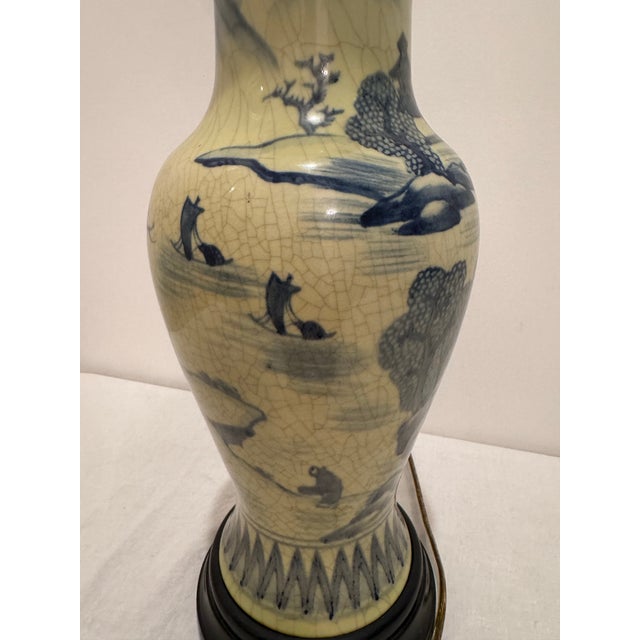 Vintage Mid Century Chinese Crackle Glaze Blue & White Porcelain Vase Lamp With Pagoda Motif For Sale - Image 10 of 12