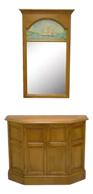 Conant Ball Colonial Maple Wood Console Cabinet Table W Clipper Ship Wall Mirror