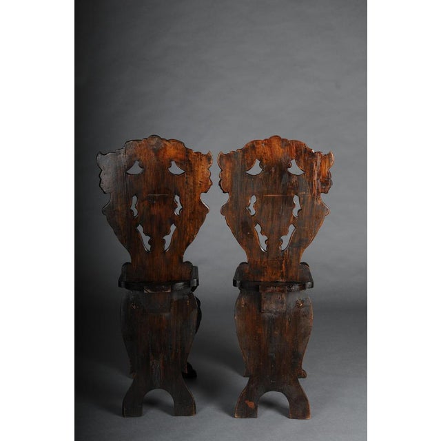 Brown Antique Plank Chairs with Grotesque Decorations, Germany, 19th Century, Set of 2 For Sale - Image 8 of 18