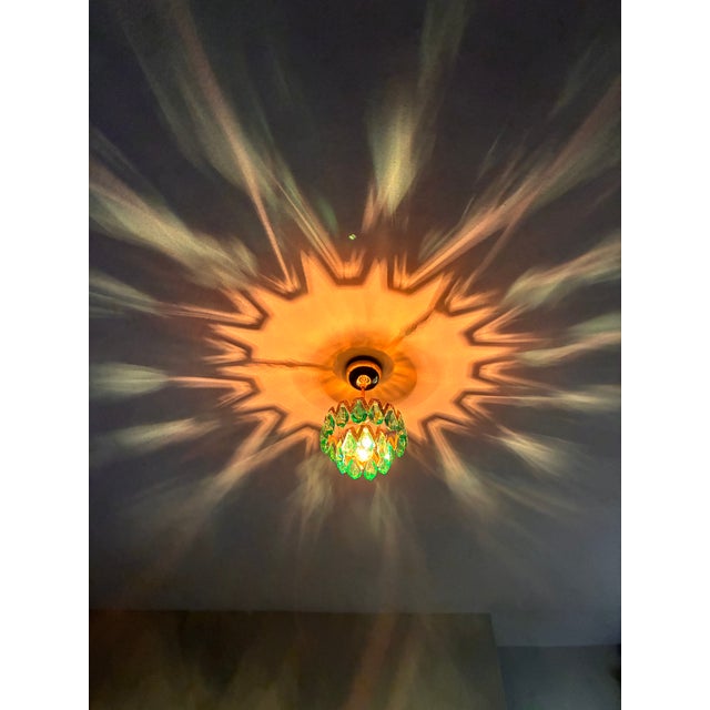 1960s Luxury Mini Brass Chandelier With Turquoise Crystal Drops, Starburst Shadow Ceiling Projection Light, Restored Antique Style Light Fixture For Sale - Image 10 of 18