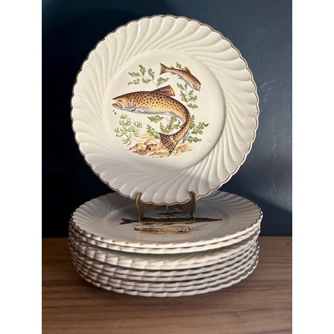 Brown Lunéville K&g French Faience Fish Service, Platter and 10 Plates - Set of 11 For Sale - Image 8 of 9