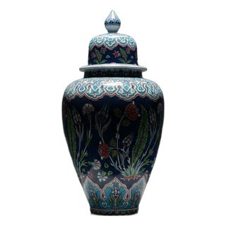 Handmade Ceramic Grand Shah Vase with Lid (60cm) Dark Blue Saz Leaf and Carnation For Sale